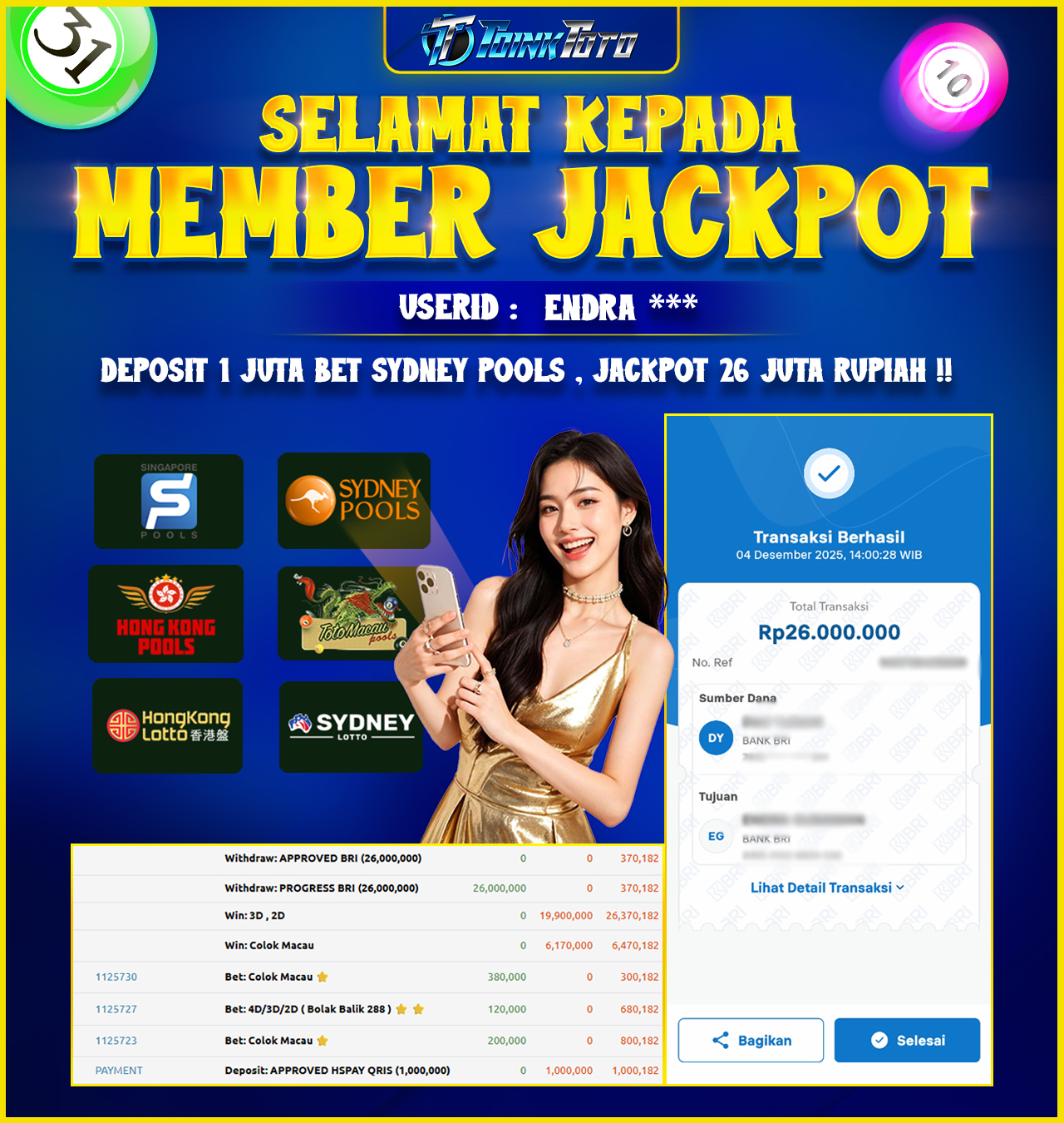 TOINKTOTO JACKPOT GAME TOGEL SYDNEY POOLS Rp.26.000.000.,- LUNAS